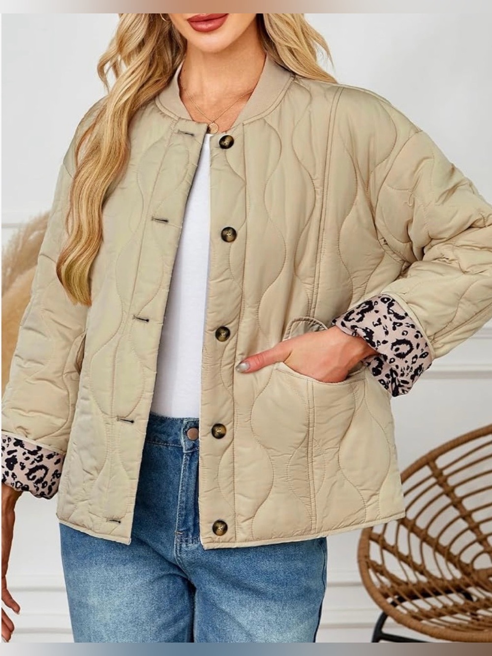 Dokotoo Apricot Beige Leopard Lined Quilted Jacket Large - Picture 3 of 6